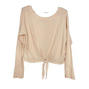 Abercrombie & Fitch Womens XS Oversized Ribbed Knit Tie-Front Cream Crop Top